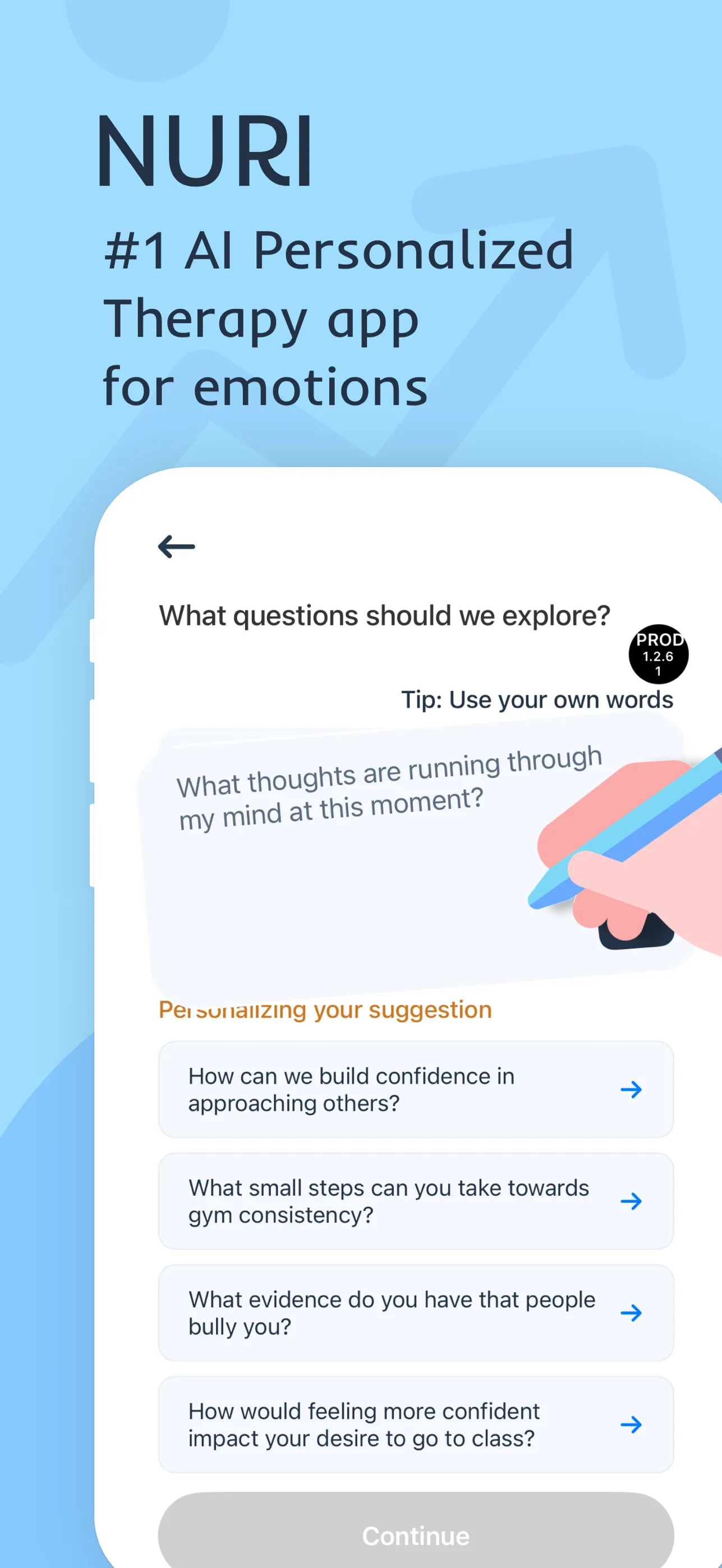 Nuri iPhone screen asking what questions to explore, with personalized CBT-style prompts such as building confidence and checking evidence for a thought.
